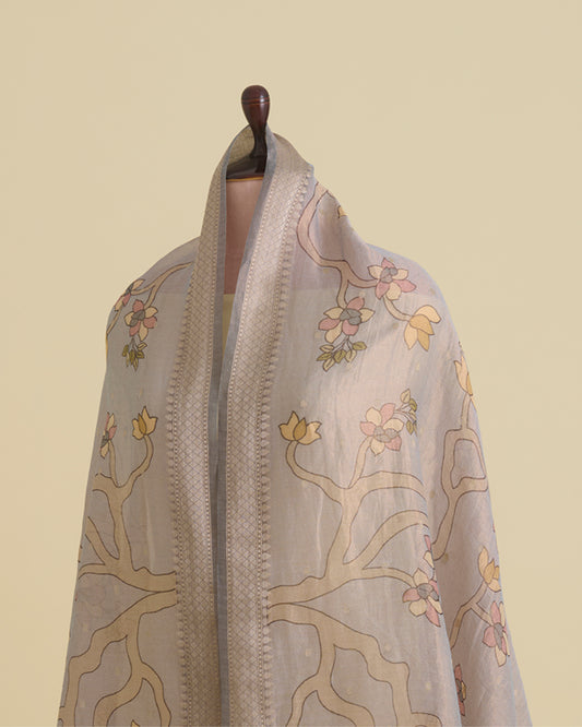 Grey Chanderi Tissue Kalamkari Digital Printed Dupatta