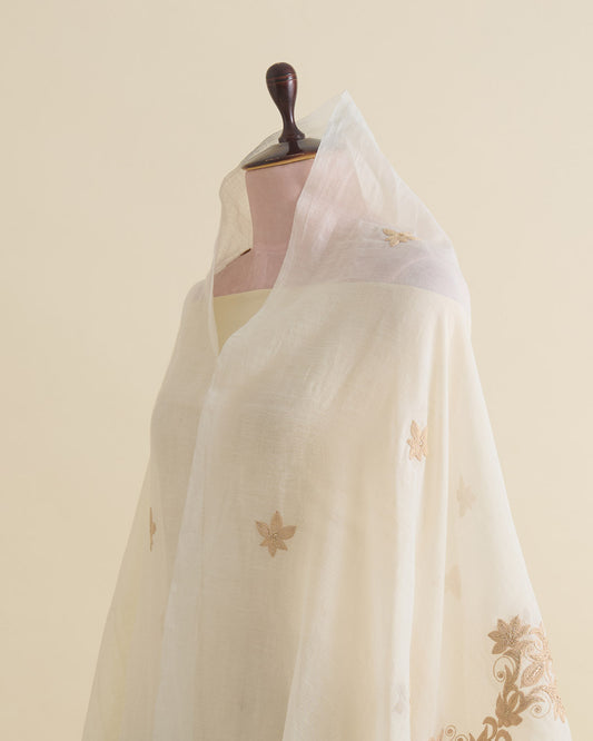 Offwhite Chanderi Gold Resham Aari Work Dupatta