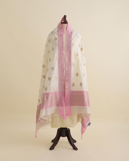 Offwhite Chanderi Hand Woven Gold Motif Dupatta