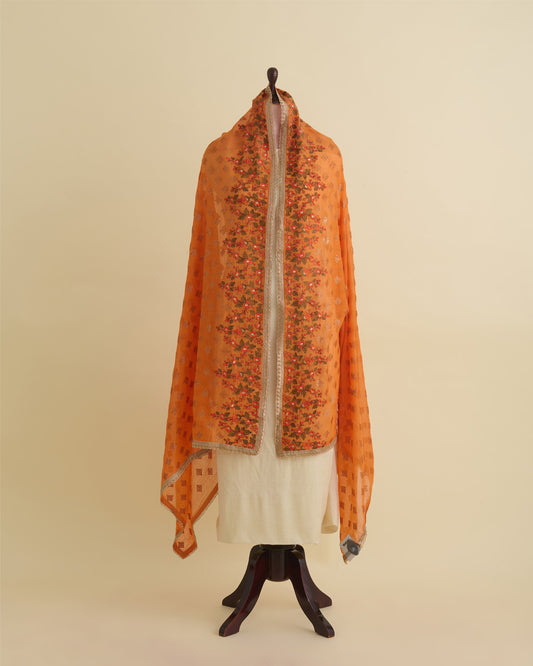 Orange Chanderi Dupatta with Gold Sequins & Multi Resham Border
