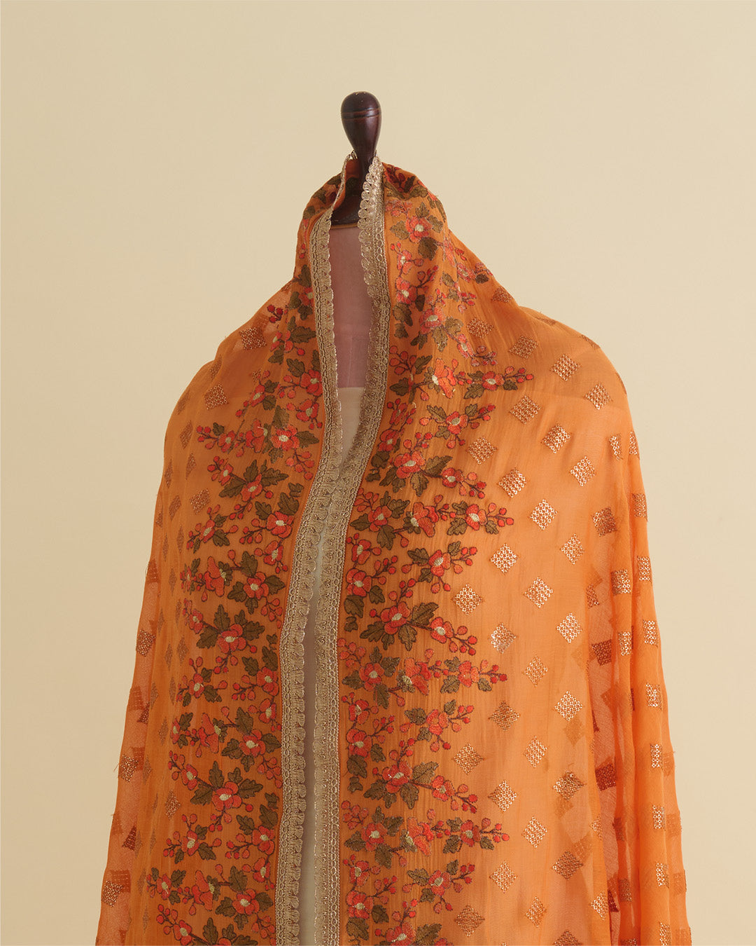 Orange Chanderi Dupatta with Gold Sequins & Multi Resham Border