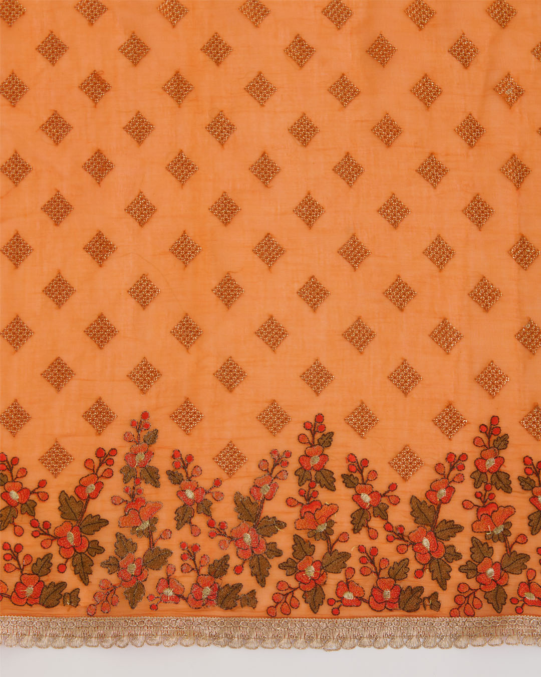 Orange Chanderi Dupatta with Gold Sequins & Multi Resham Border