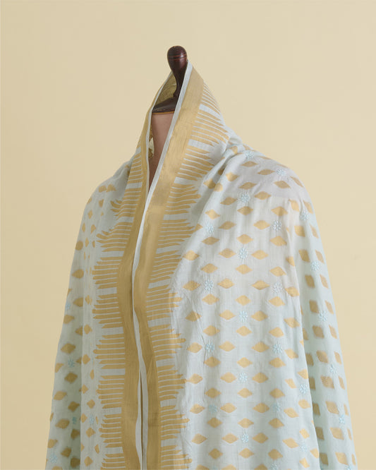 Powder Blue Chanderi Handloom Lucknowi Dupatta