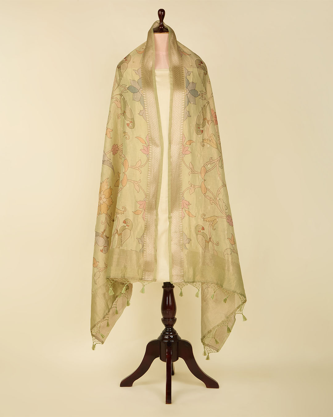 Pista Green Chanderi Kalamkari Printed Woven Dupatta