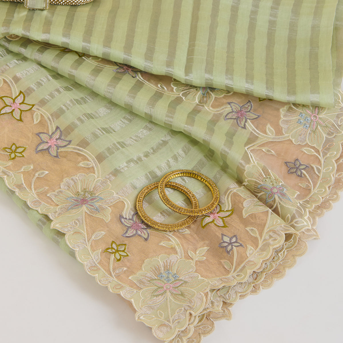 Pista Green Chanderi Tissue Stripes Resham Embroidery Pallu Border Dupatta