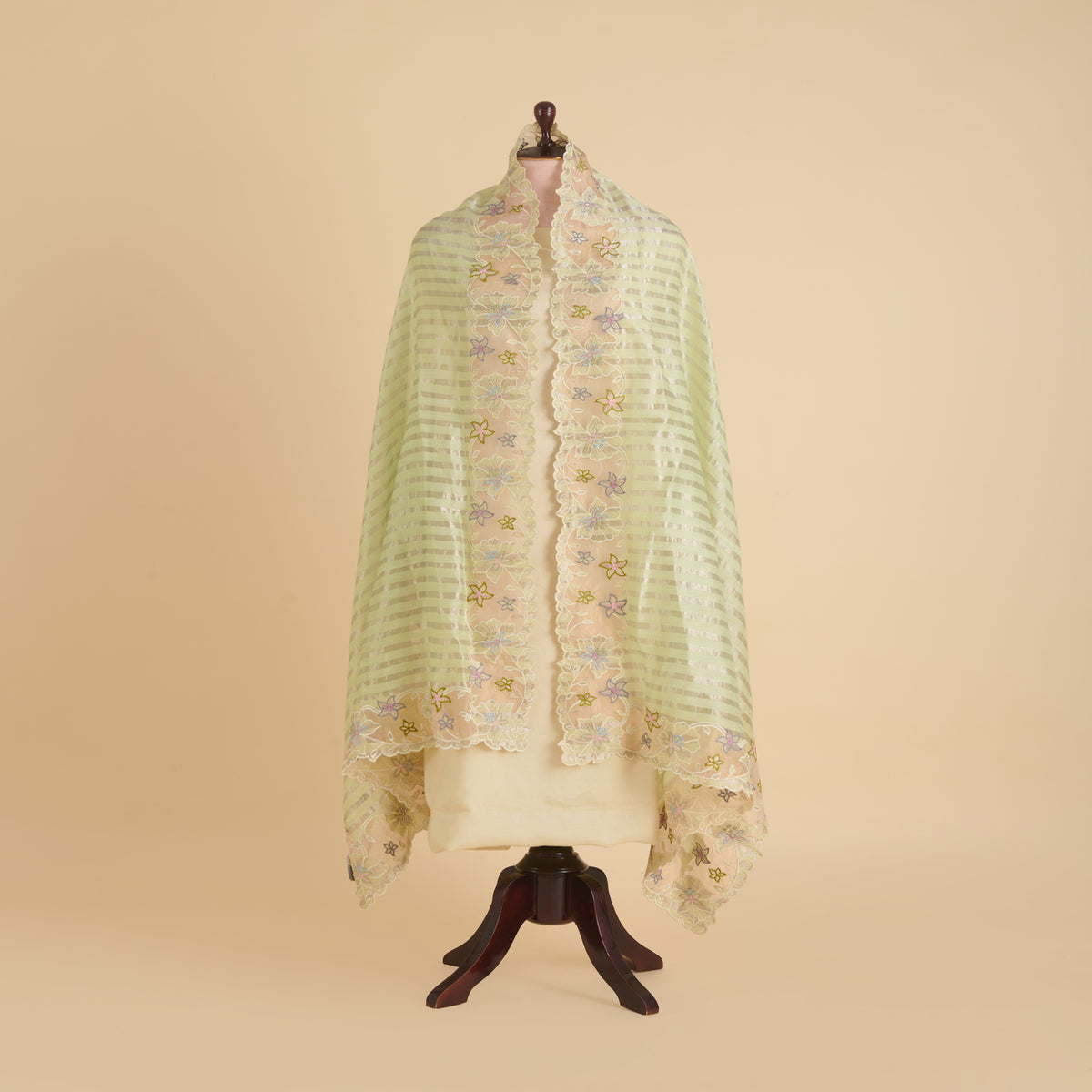 Pista Green Chanderi Tissue Stripes Resham Embroidery Pallu Border Dupatta
