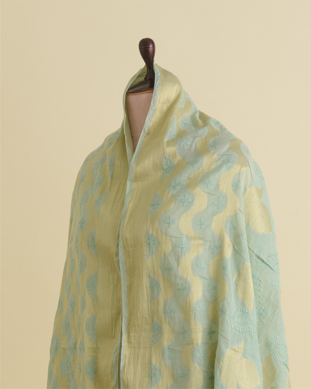 Sea Green Chanderi Handloom Lucknowi Dupatta