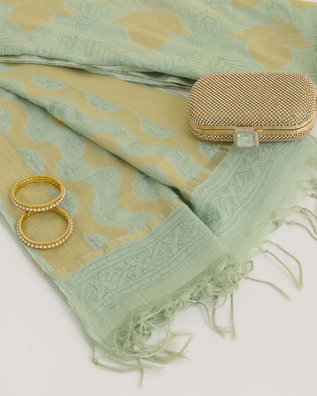 Sea Green Chanderi Handloom Lucknowi Dupatta