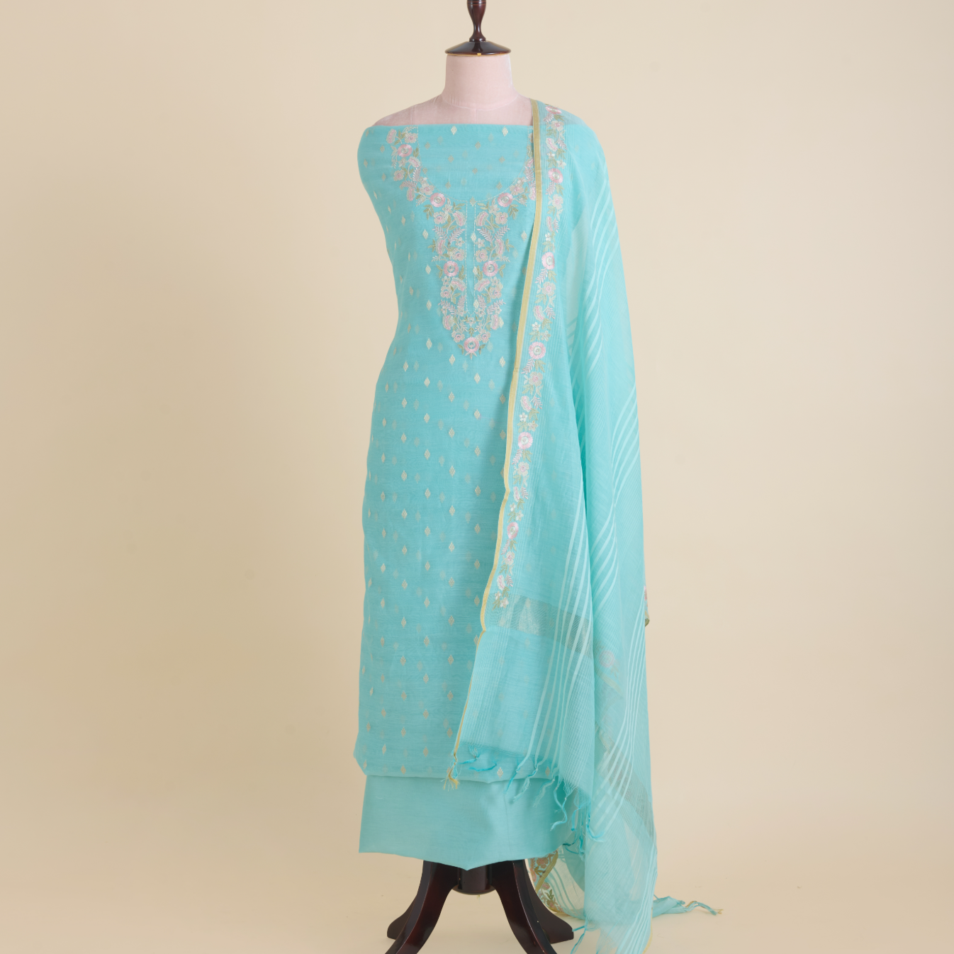 Aqua Blue Fine Chanderi Woven Suit with Embroidered Dupatta