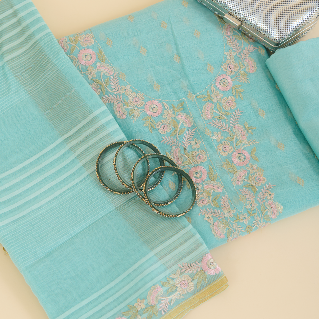 Aqua Blue Fine Chanderi Woven Suit with Embroidered Dupatta