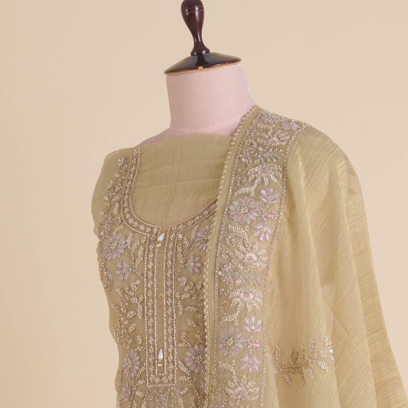 Beige Crush Tissue Cut-Dana Zari Embroidered Suit