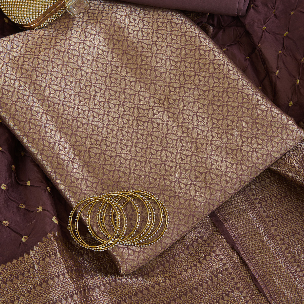Brown Chanderi Brocade Jaal Kurta with Bandhej Woven Dupatta