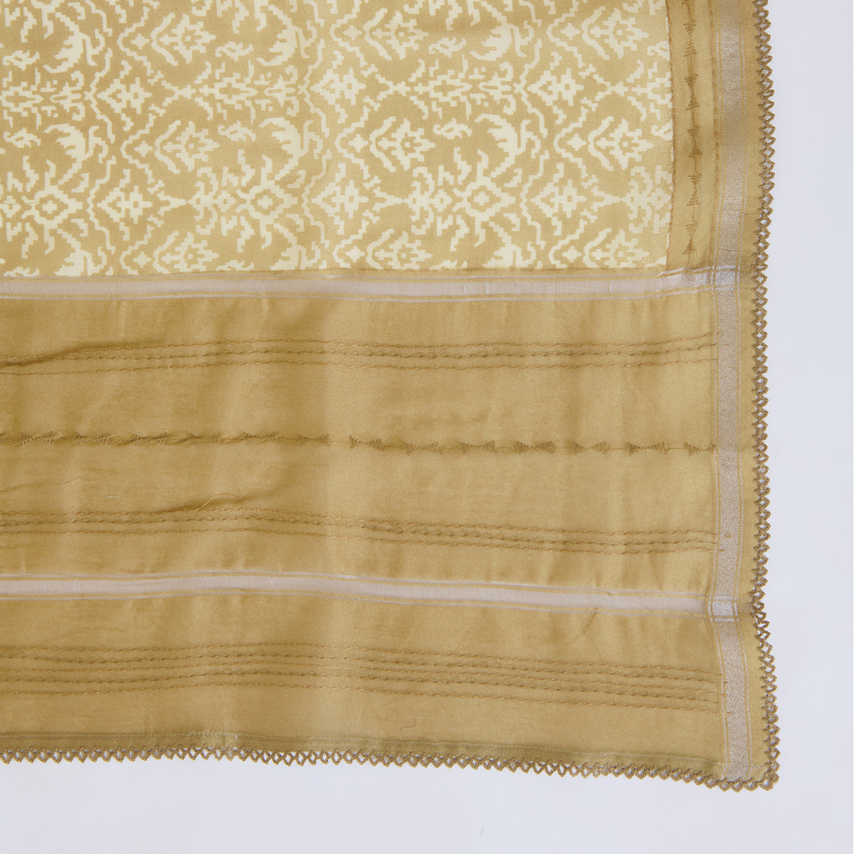 Beige Chanderi Silk Printed Kurta with Katha Stitch Embroidery