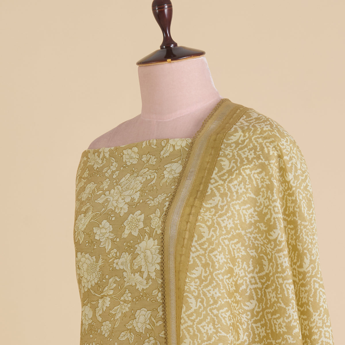 Beige Chanderi Silk Printed Kurta with Katha Stitch Embroidery
