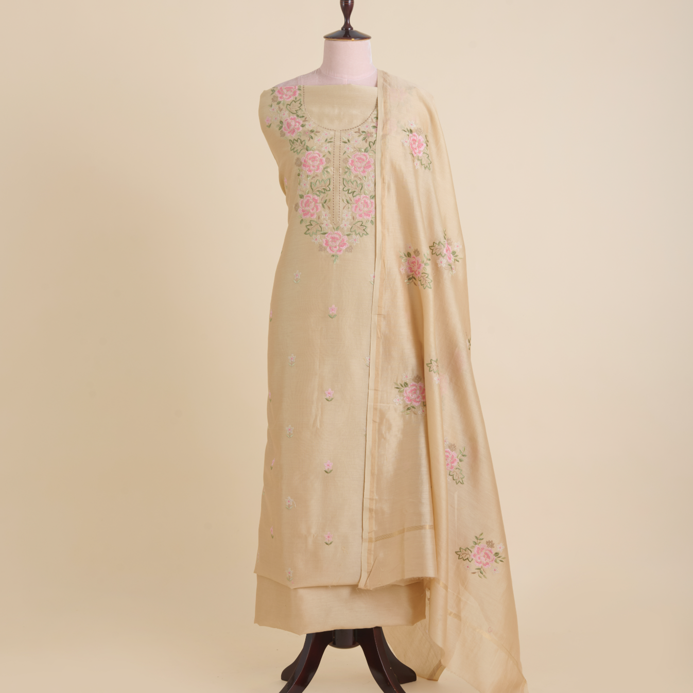 Beige Gold Chanderi Resham Embroidered Suit Set