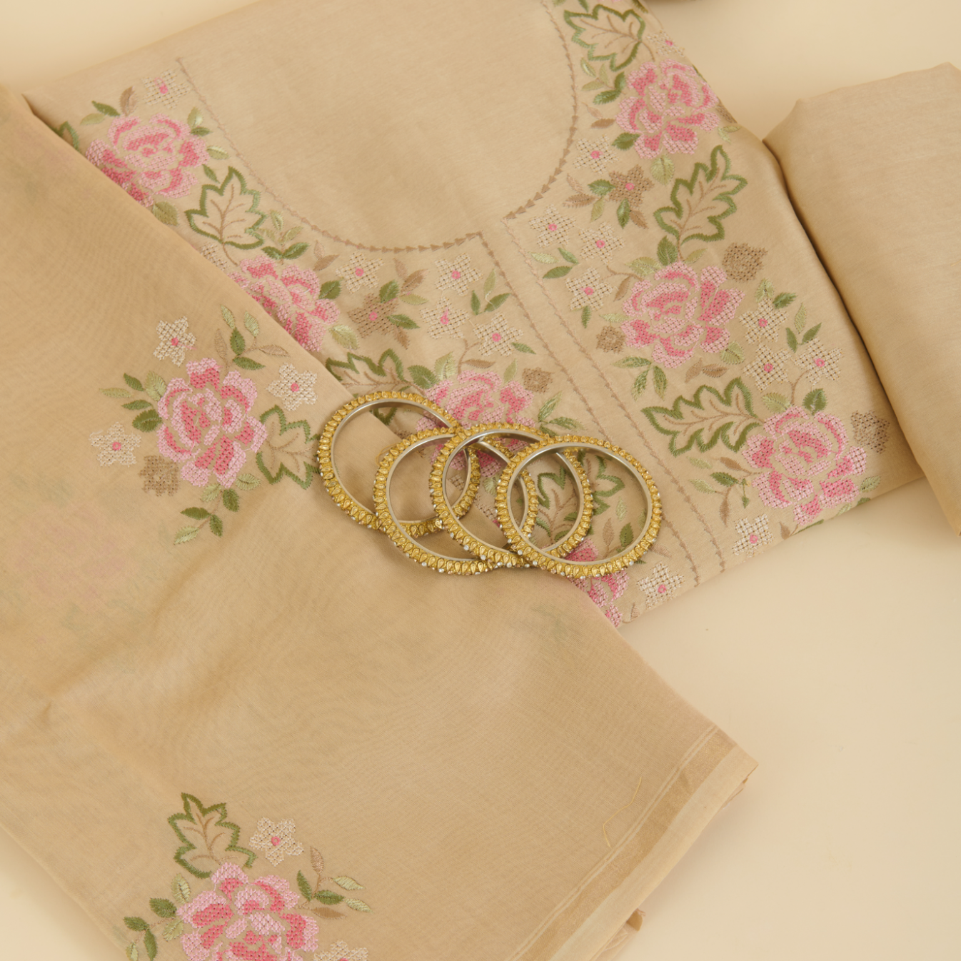 Beige Gold Chanderi Resham Embroidered Suit Set