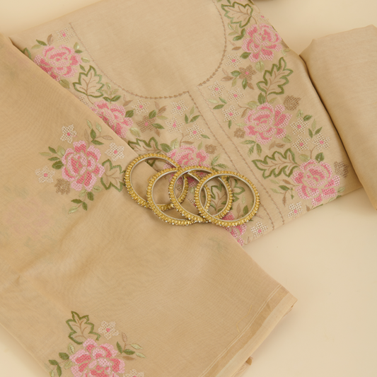 Beige Gold Chanderi Resham Embroidered Suit Set