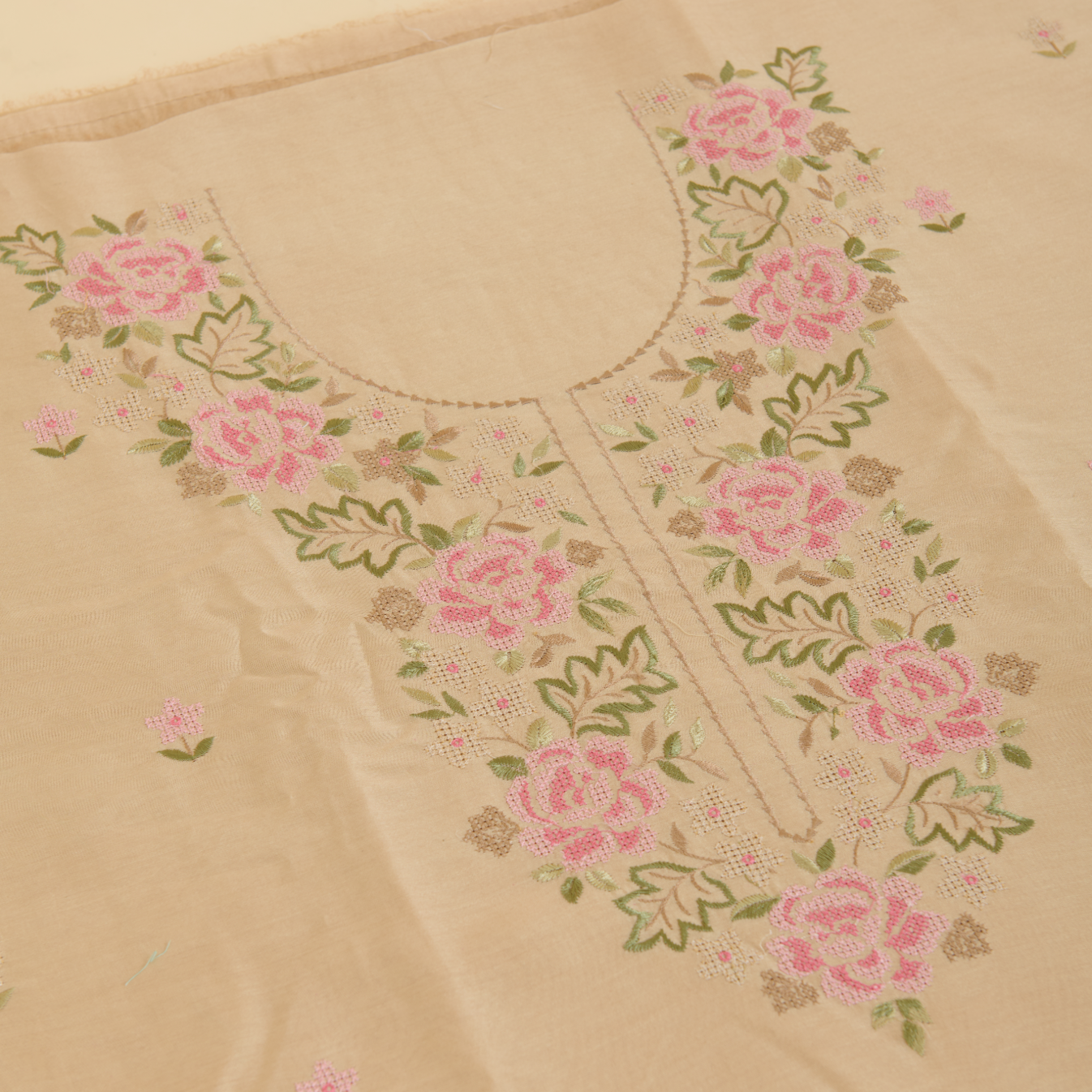 Beige Gold Chanderi Resham Embroidered Suit Set
