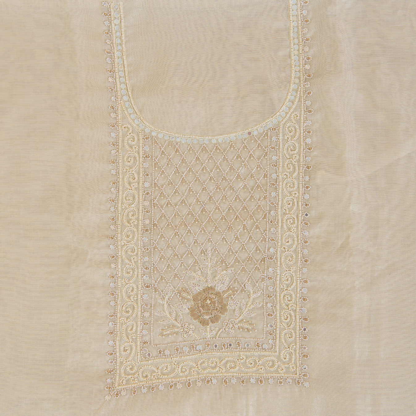 Beige Chanderi Tissue Embroidered Kurta Set with Dupatta