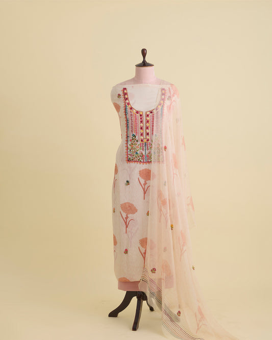 Beige Peach Chinnon Crepe Kurta with Resham, Sequin & French Knot Embroidery