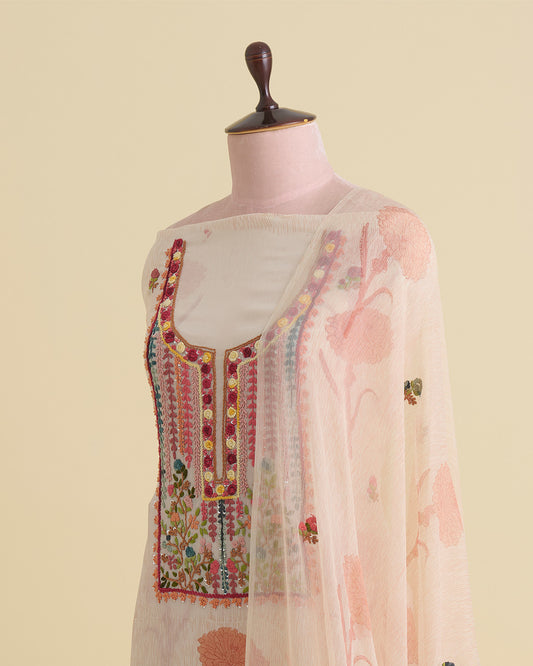 Beige Peach Chinnon Crepe Kurta with Resham, Sequin & French Knot Embroidery