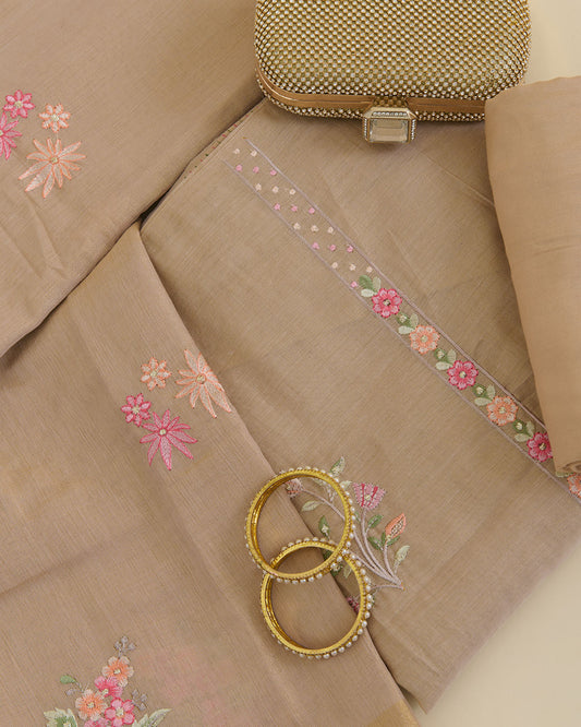 Tissue Chanderi embroidered kurta set in beige with resham and zari work, matching dupatta and shantoon bottom