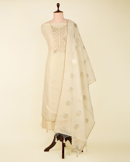 Beige Chanderi Lurex Suit with Zardozi, Pearl & Sequin Work
