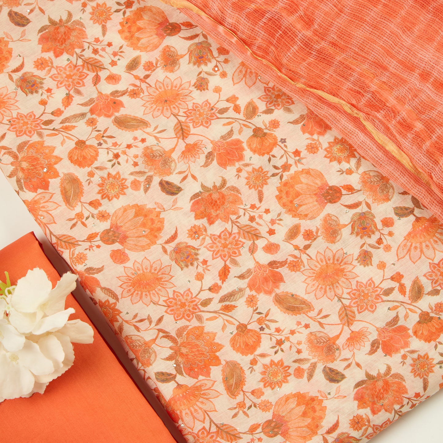 Coral Chanderi Printed Suit with Tie-Dye Dupatta
