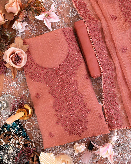 Dusty Peach Crush Tissue Embroidered Suit Set with Dupatta