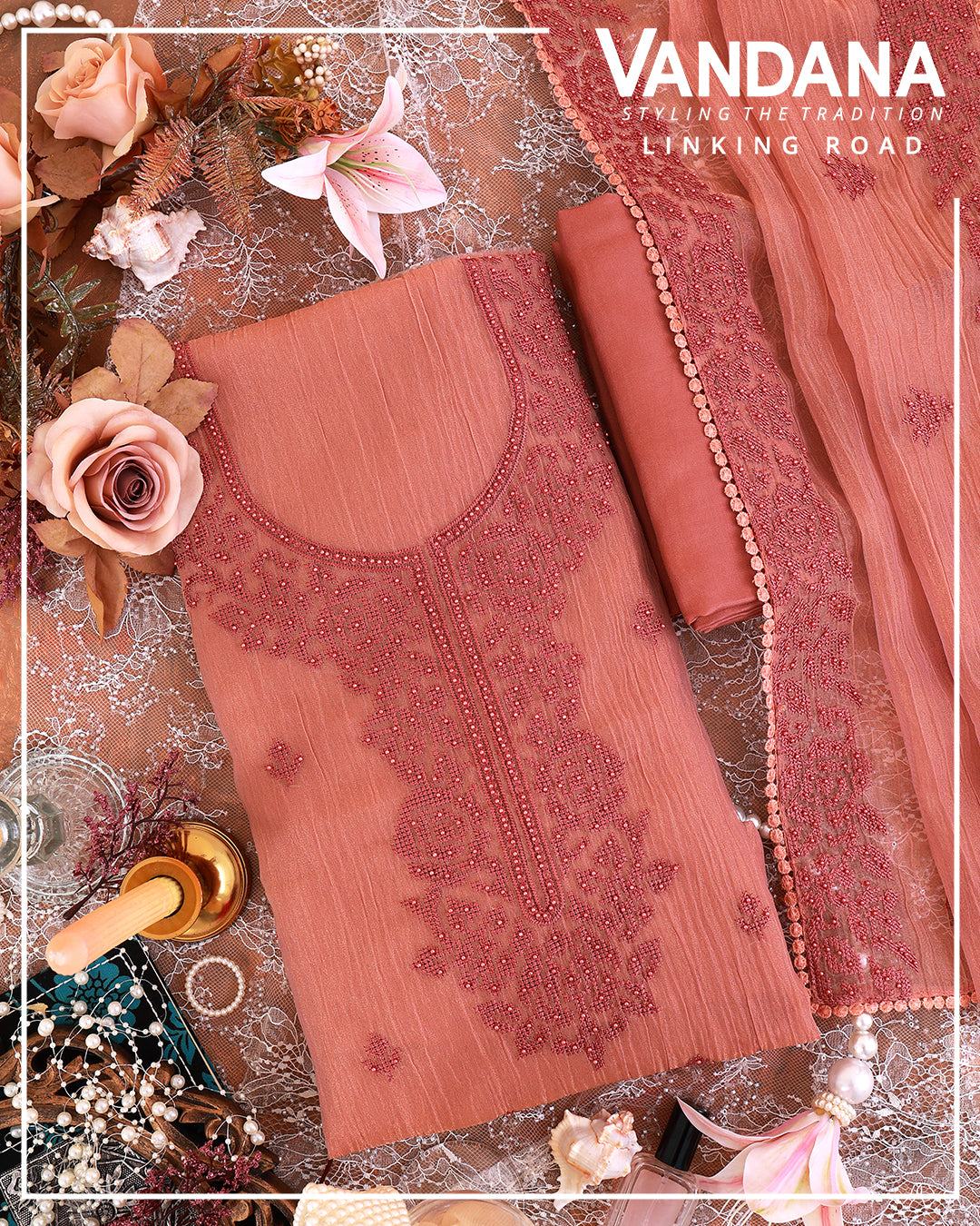 Dusty Peach Crush Tissue Embroidered Suit Set with Dupatta