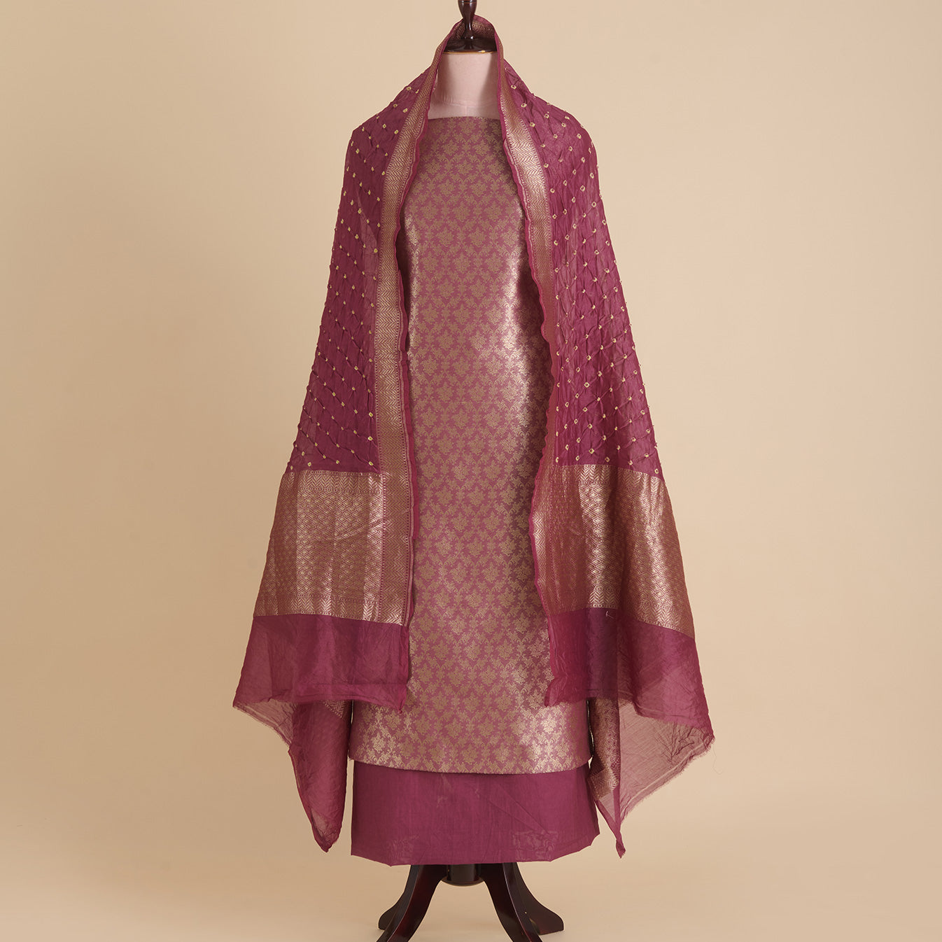 Dusty Purple Chanderi Brocade Jaal Suit with Bandhej Dupatta