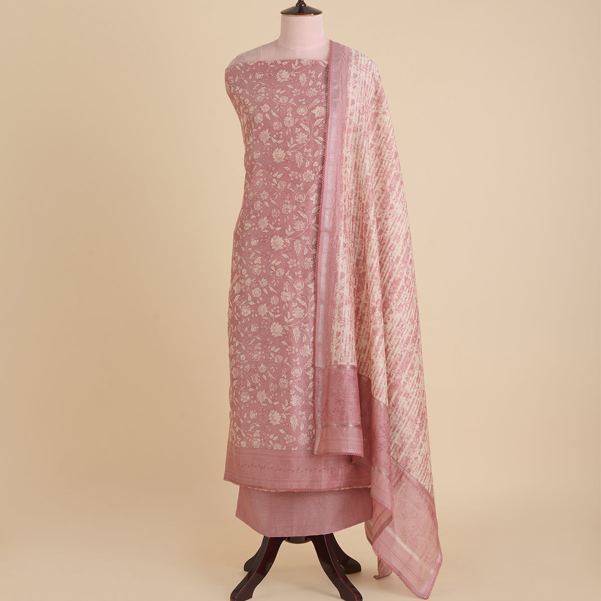 Dusty Brown Chanderi Silk Katha Stitch Embroidered Kurta Set