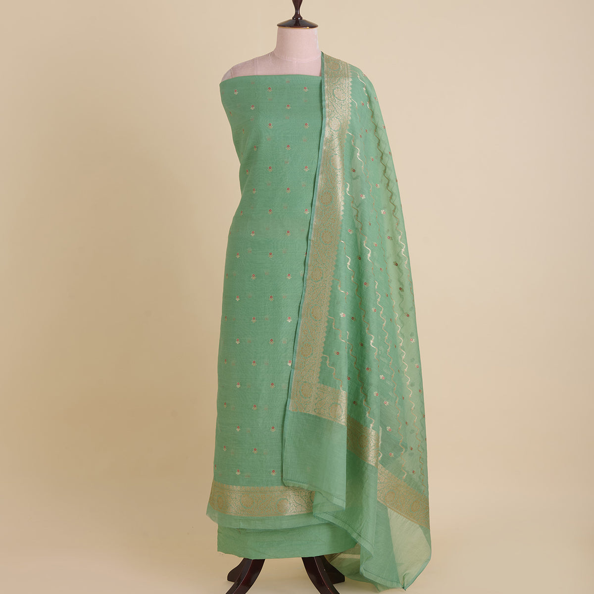 Dusty Green Chanderi Woven Zari Buti Kurta Set