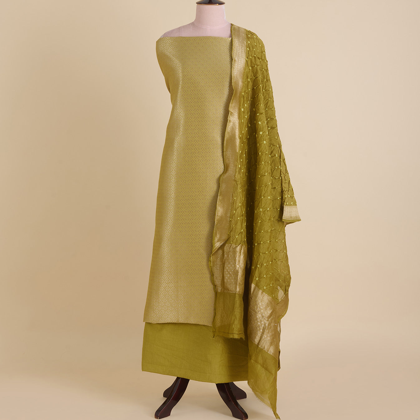 Dusty Green Chanderi Brocade Jaal Kurta with Bandhej Dupatta