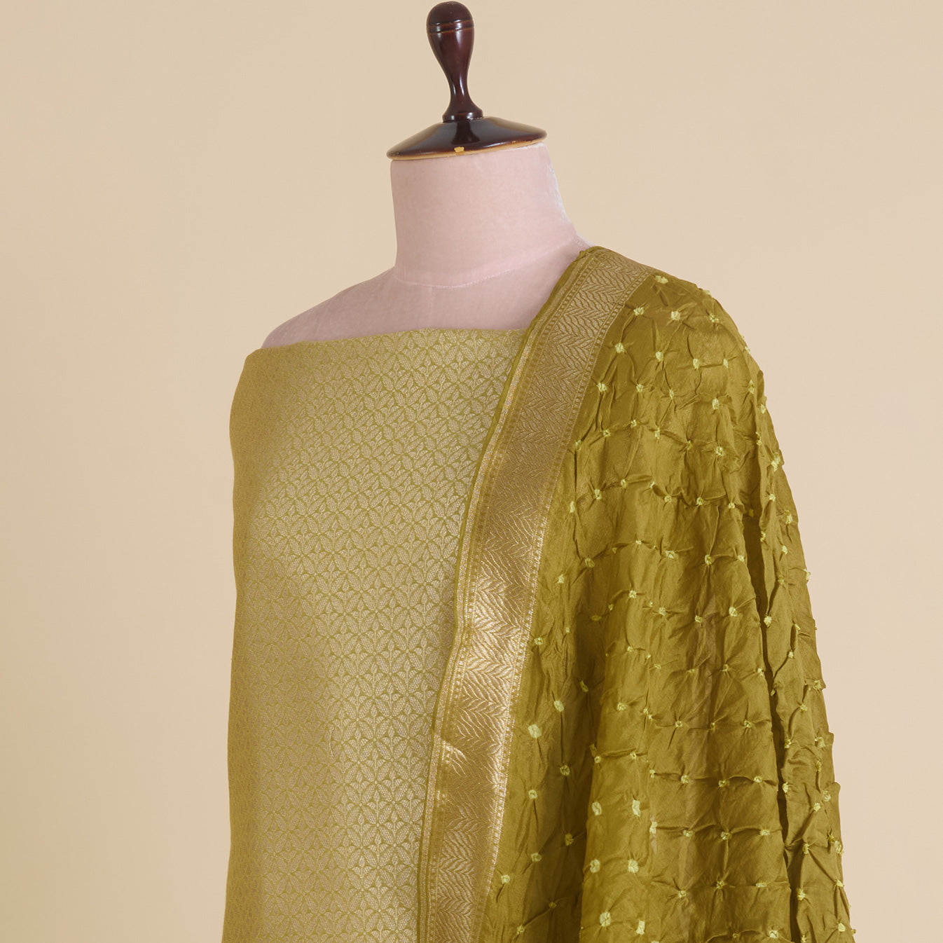 Dusty Green Chanderi Brocade Jaal Kurta with Bandhej Dupatta