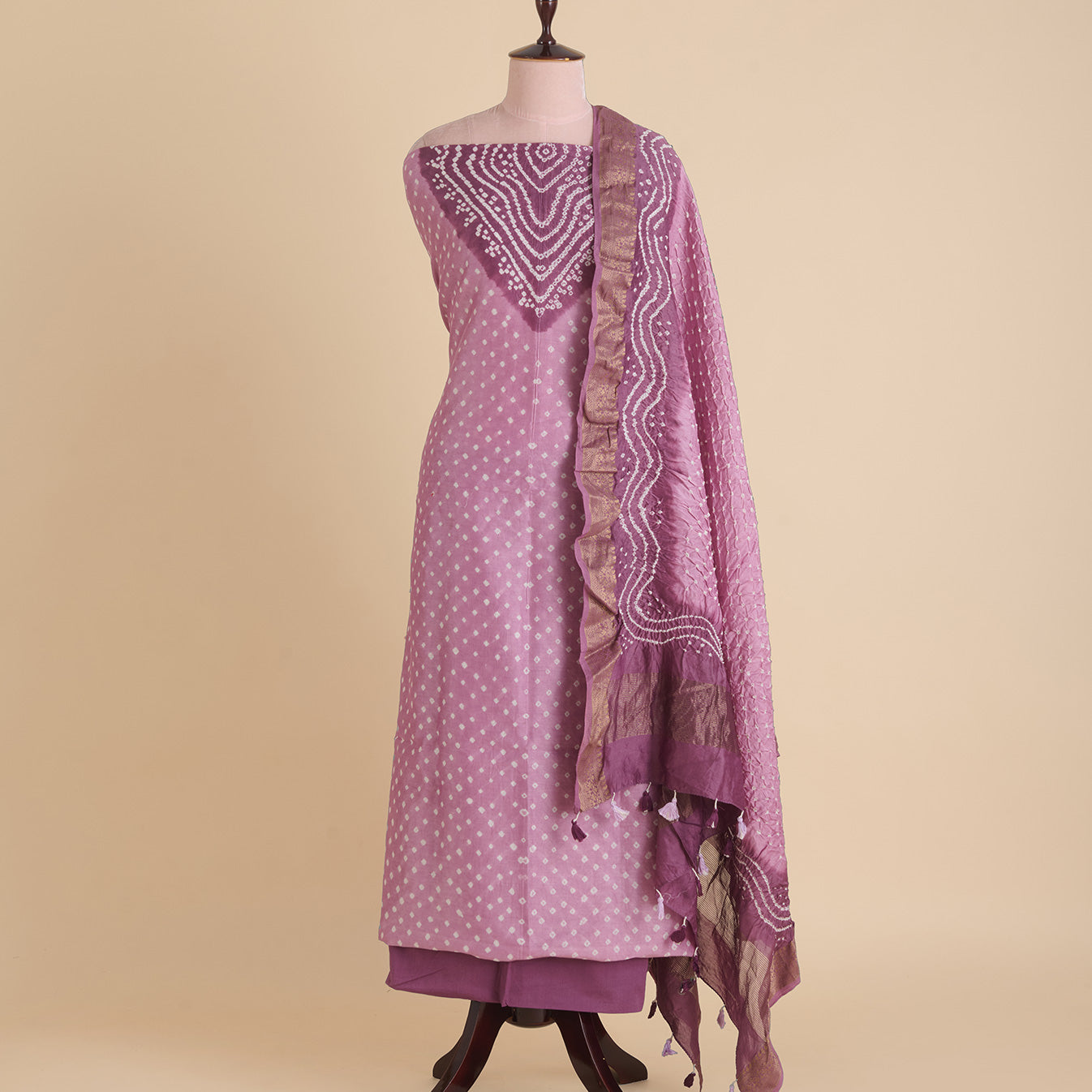 Dusty Mauve Chanderi Bandhej Suit with Woven Border Dupatta