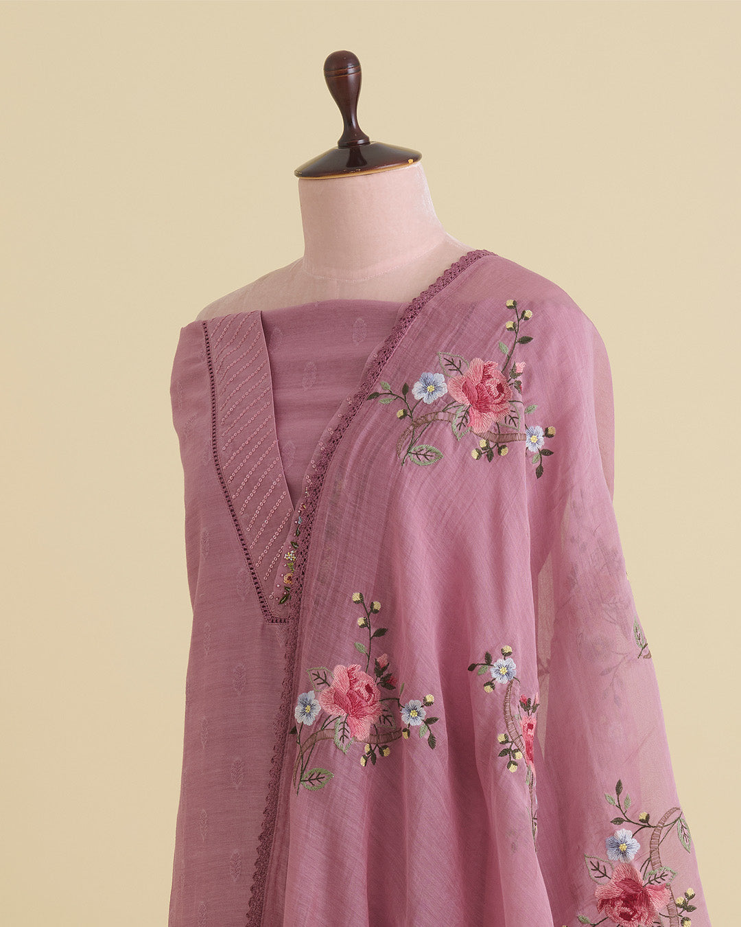 Dusty Pink Mal Chanderi Kurta with Embroidery and Matching Dupatta