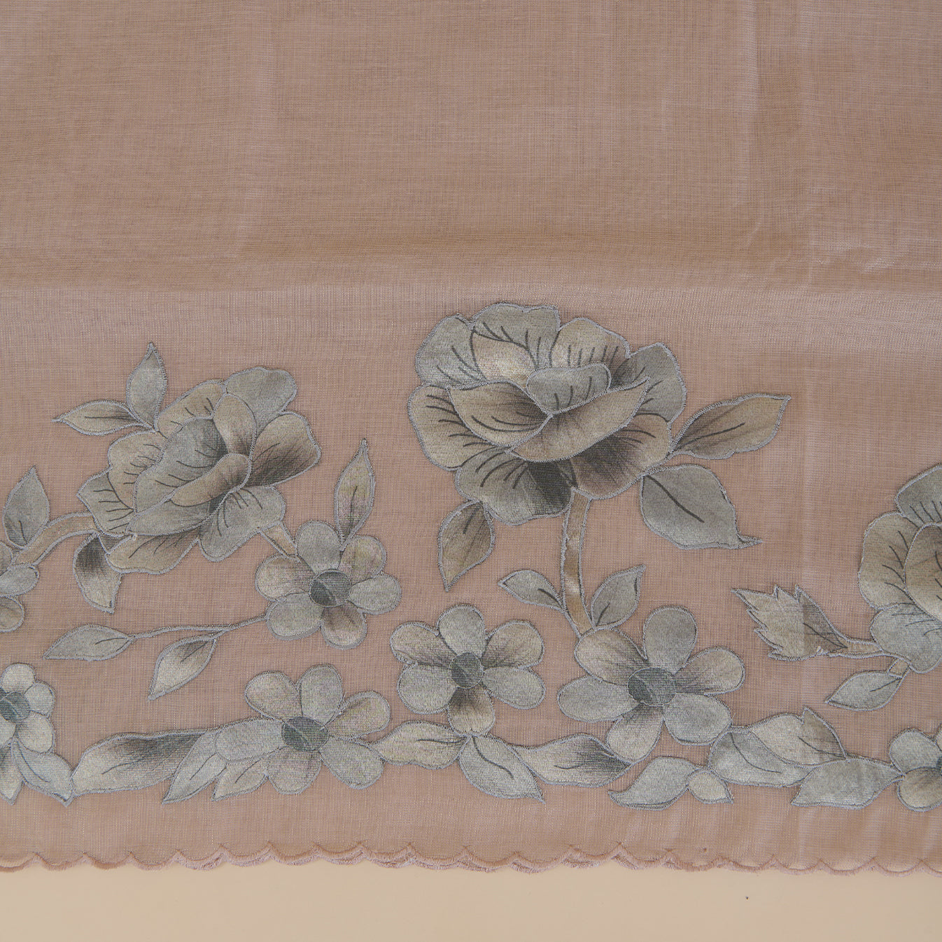 Beige Chanderi Tissue Applique Embroidered Kurta with Dupatta