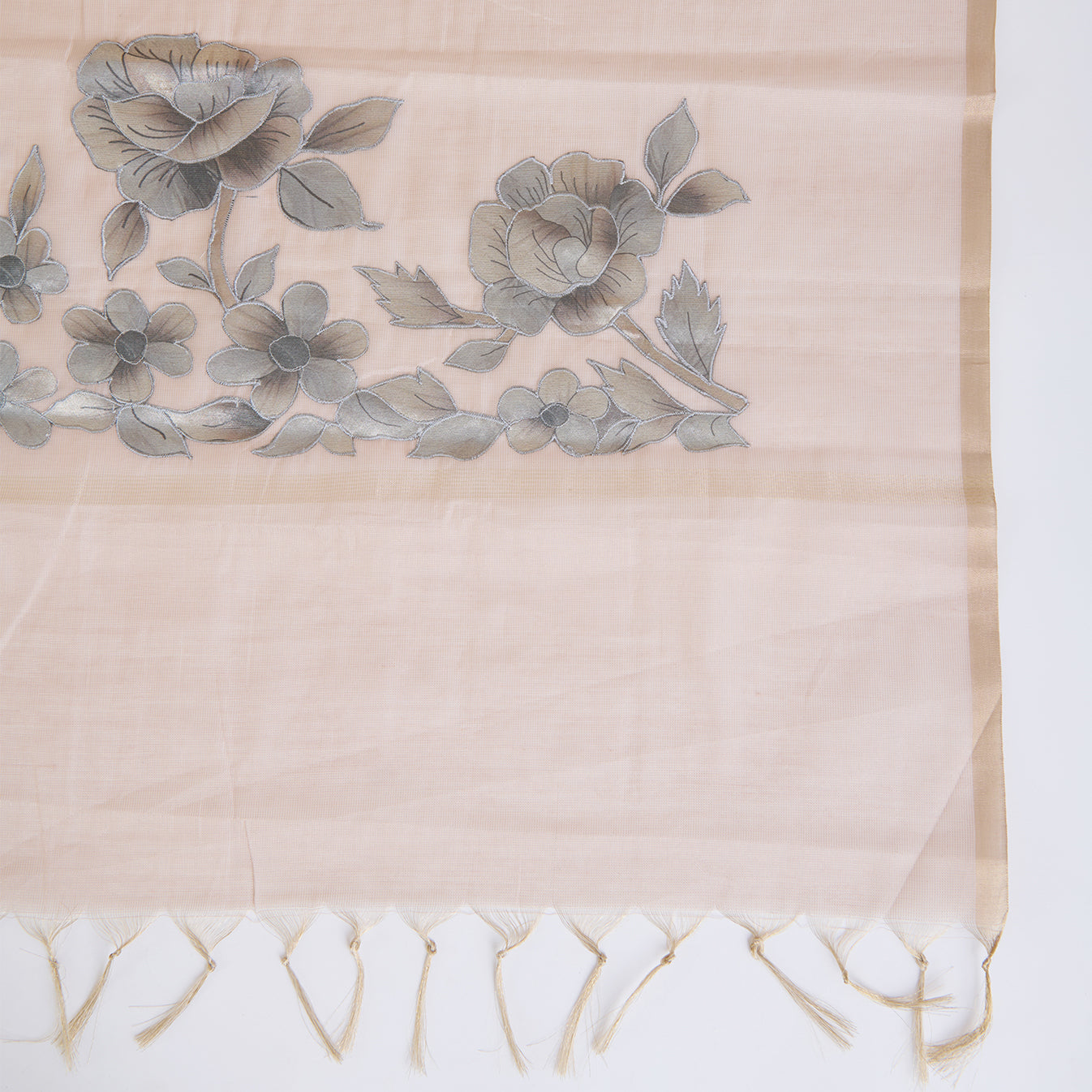 Beige Chanderi Tissue Applique Embroidered Kurta with Dupatta