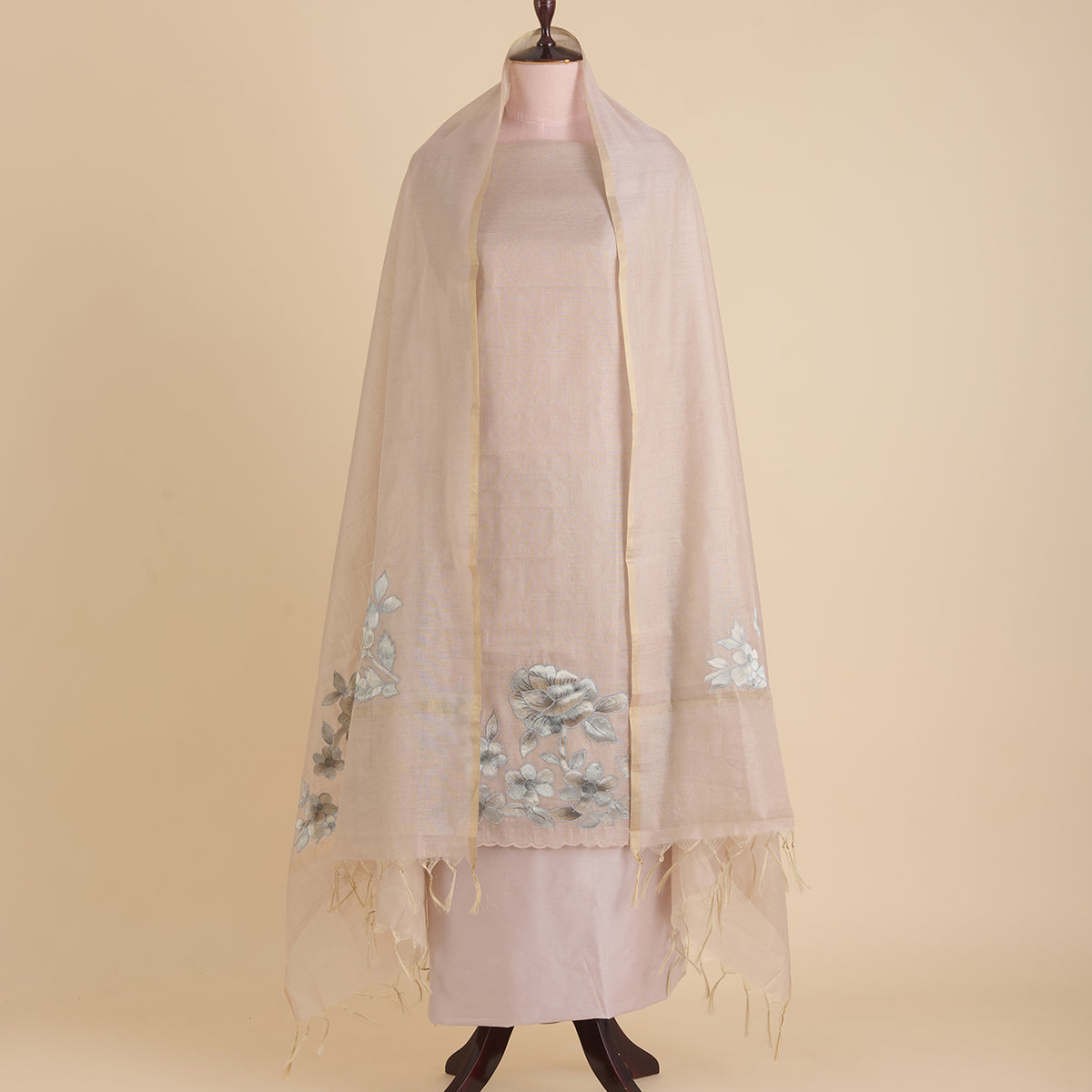 Beige Chanderi Tissue Applique Embroidered Kurta with Dupatta
