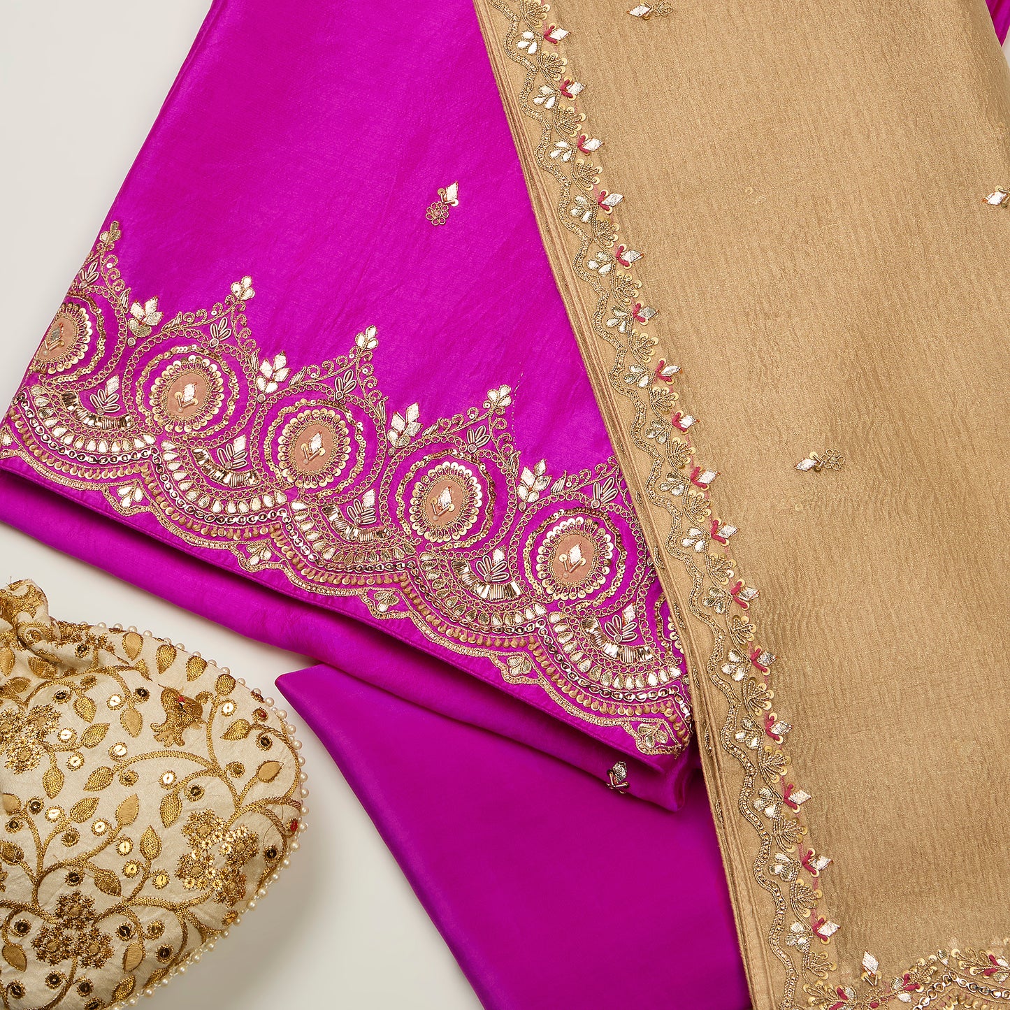 Fuschia Pink Chiniya Silk Kurta with Gota & Dori Work