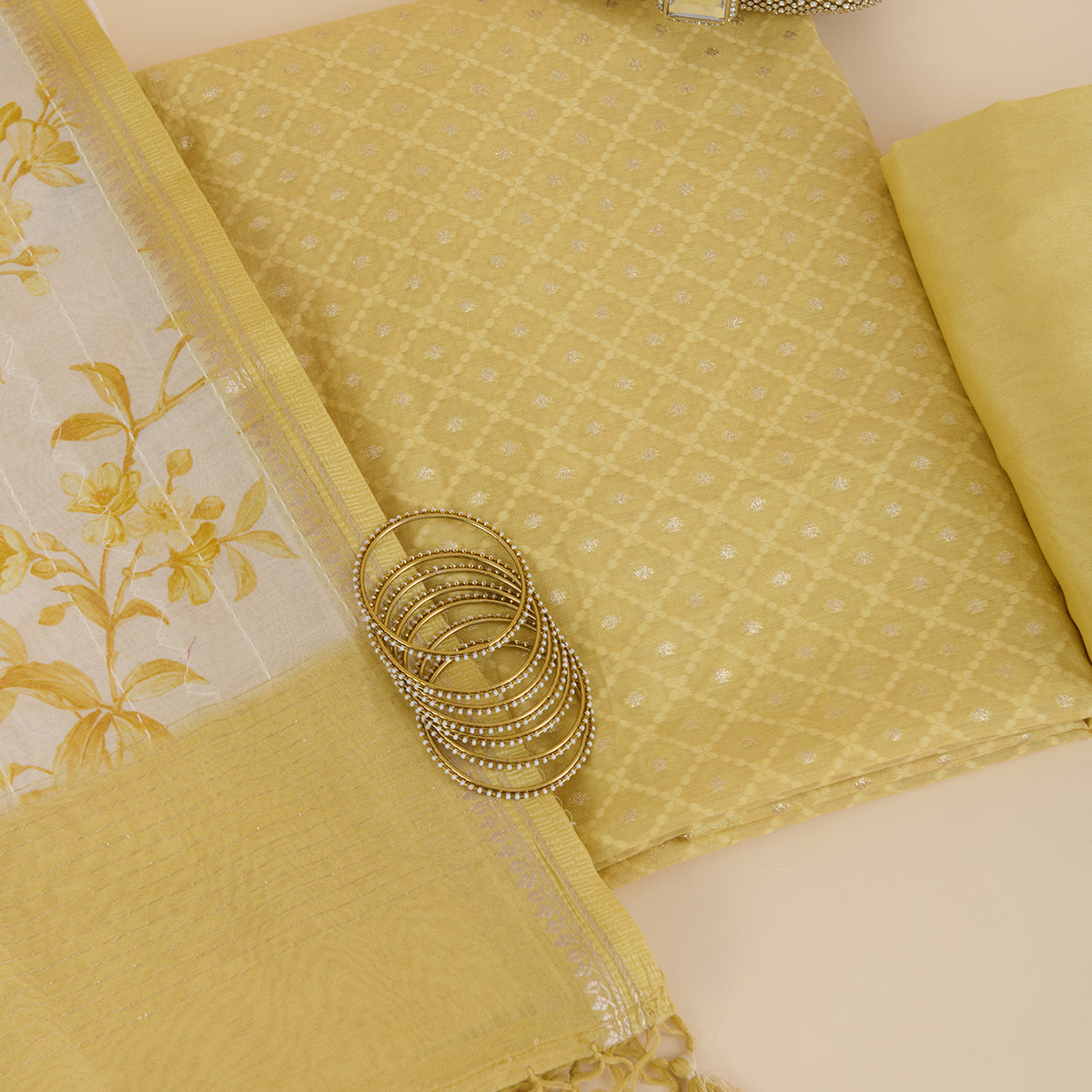 Gold Chanderi Resham Zari Woven Kurta with Katha Dupatta