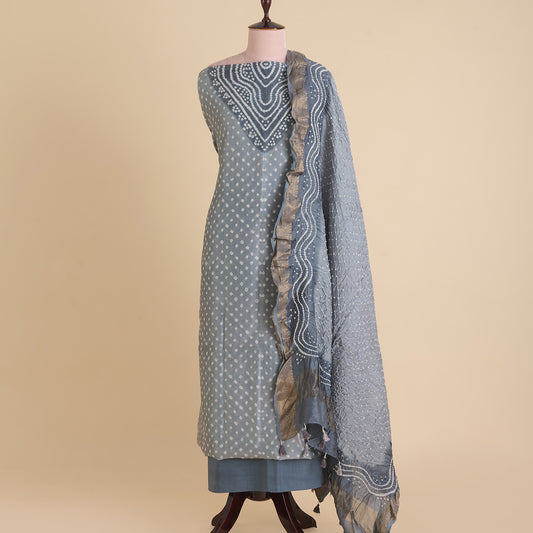 Grey Chanderi Bandhej Suit with Woven Border Dupatta