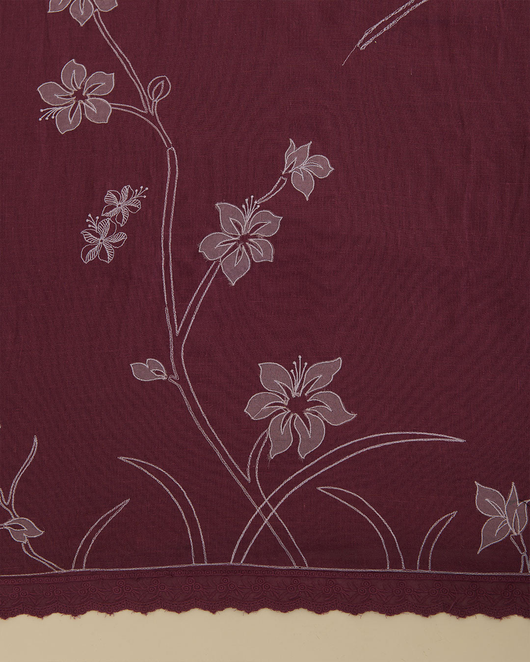 Grape Wine Linen Kurta Suit with Thread & Applique Work by Vandana