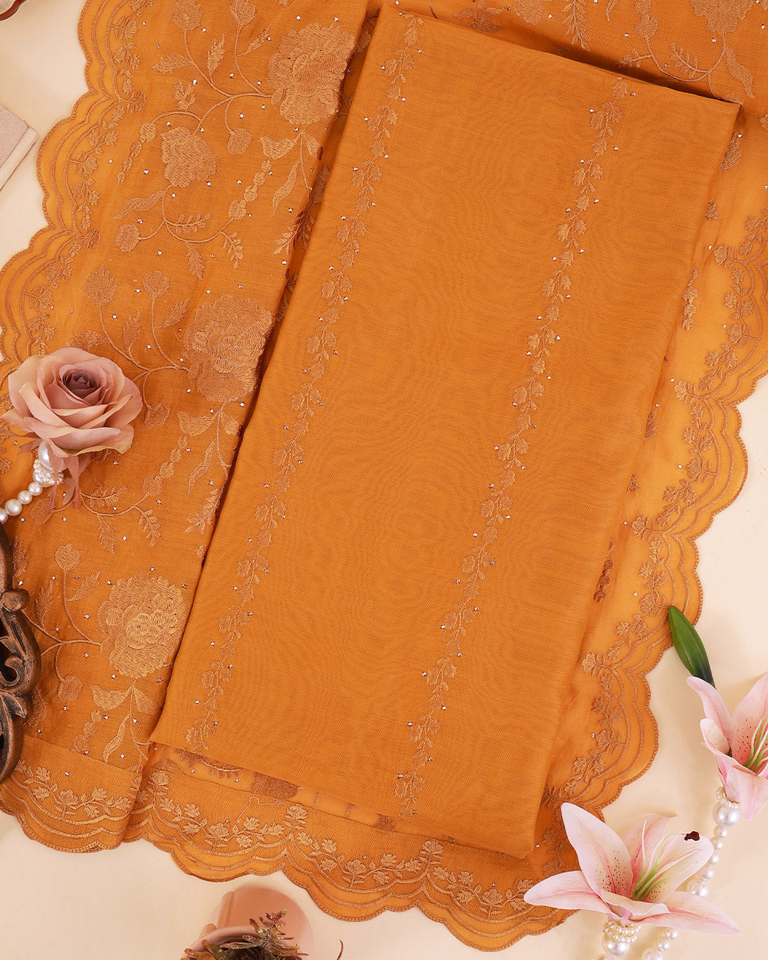 Mustard Mal Chanderi Embroidered Suit Set with Dupatta