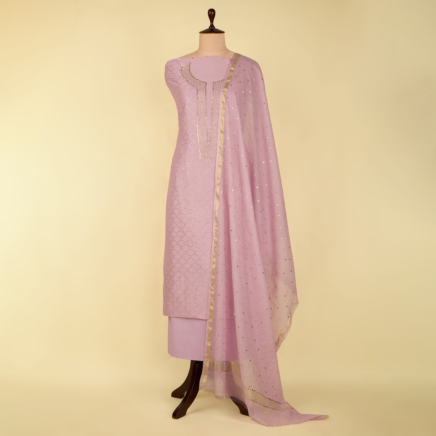 Lilac Chanderi Badla Neck Jaal Suit with Badla Dupatta