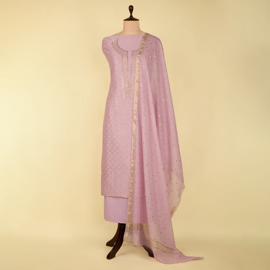 Lilac Chanderi Badla Neck Jaal Suit with Badla Dupatta