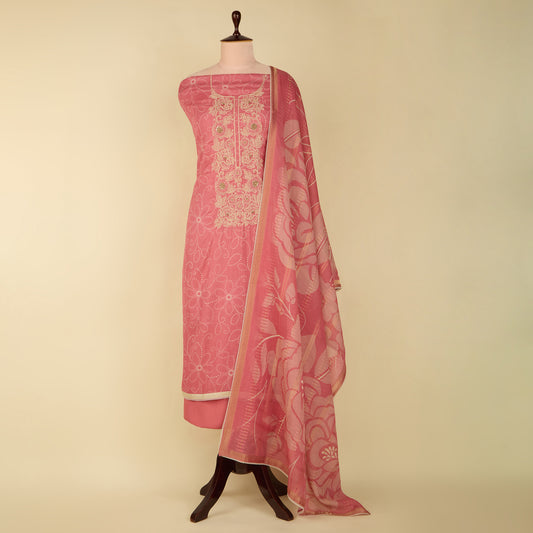 Onion Pink Chanderi Printed Suit with Zardosi Neck and Dupatta