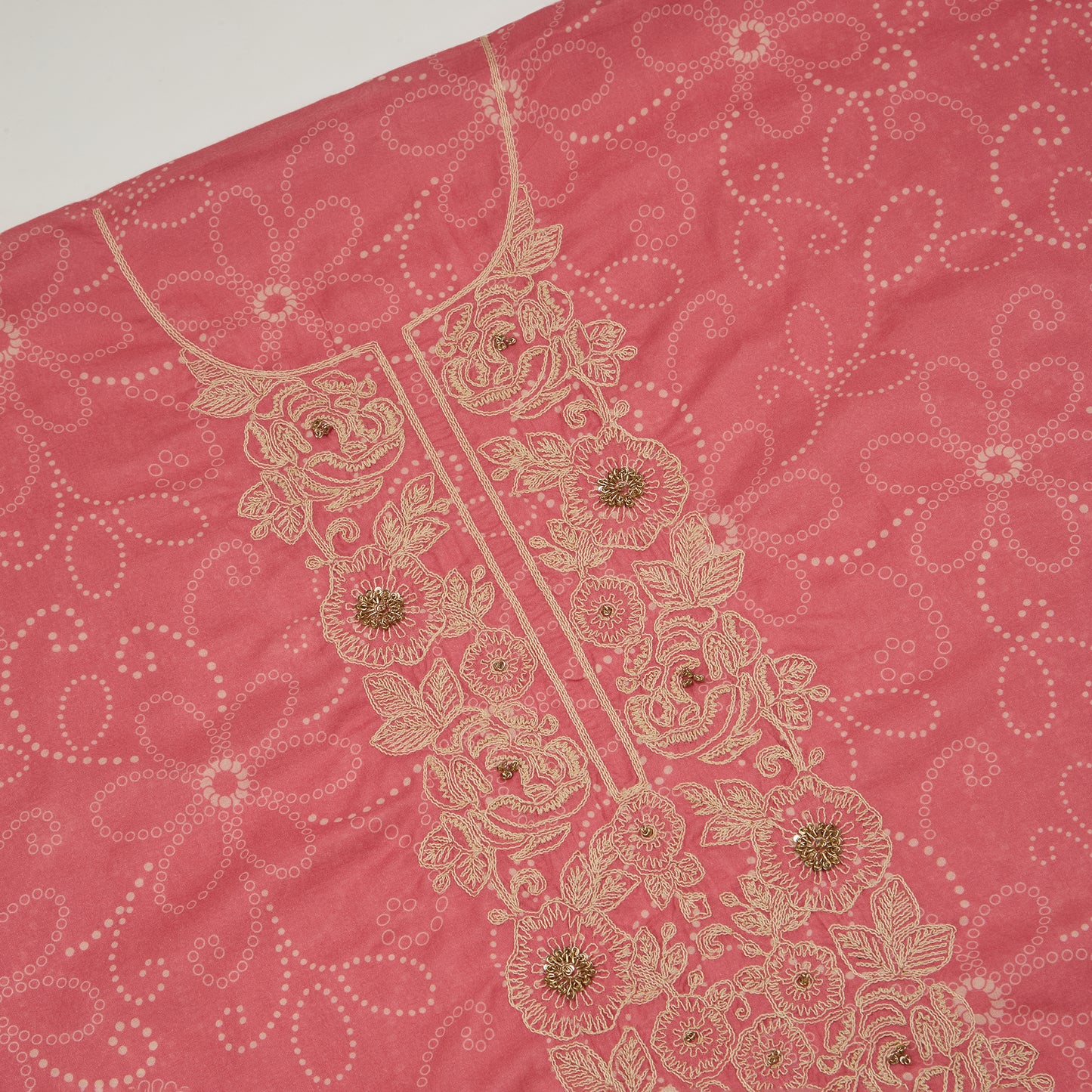 Onion Pink Chanderi Printed Suit with Zardosi Neck and Dupatta