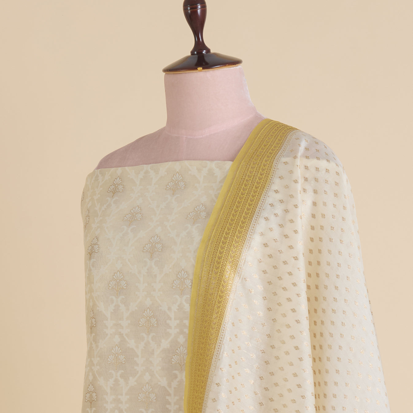 Off White Yellow Chanderi Self-Woven Jaal Kurta Set